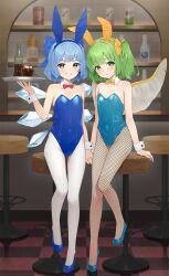  2girls animal_ears blue_eyes blue_footwear blue_hair blue_leotard blush bottle chair checkered_floor cirno commission cup daiyousei drink drinking_glass fairy fairy_wings fake_animal_ears fishnet_pantyhose fishnets green_eyes green_hair grin high_heels highres holding holding_tray ice ice_wings indoors kanpa_(campagne_9) leotard long_hair multiple_girls open_mouth pantyhose playboy_bunny rabbit_ears short_hair side_ponytail skeb_commission smile strapless strapless_leotard touhou tray white_pantyhose wings wrist_cuffs  rating:Sensitive score:15 user:danbooru