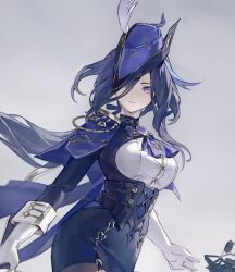  1girl ascot blue_capelet blue_hair breasts brooch capelet clorinde_(genshin_impact) corset genshin_impact gloves grey_background hat highres jewelry large_breasts long_hair looking_at_viewer purple_ascot purple_eyes shirt simple_background solo tricorne upper_body white_gloves white_shirt xuemen 