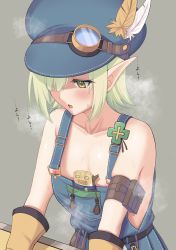  1girl aoi_(mechanic)_(princess_connect!) aoi_(princess_connect!) arm_pouch blue_hat blush flat_chest gloves green_eyes green_hair hat hat_feather highres medium_hair nipple_slip nipples one_eye_covered overalls period_(anony_83) pointy_ears princess_connect! simple_background skindentation solo steaming_body teeth upper_teeth_only  rating:Questionable score:60 user:FabricioDias
