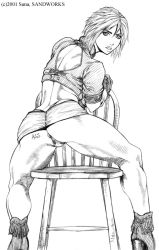  1girl 2001 angry anus ass back body_writing boots chair clenched_teeth crop_top female_focus from_behind gloves high_heels legs linda_(spikeout) looking_back miniskirt monochrome muscular panties sega short_hair simple_background sketch skirt solo spikeout spread_legs squatting standing straddling strap suna_(sandworks) tattoo teeth thong underwear white_background  rating:Questionable score:17 user:rocketbilly_ronald
