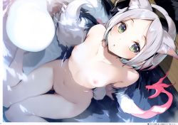 1girl :o absurdres animal_ear_fluff animal_ears arms_at_sides bath bathing blush breasts collarbone completely_nude eyelashes fox_ears fox_girl fox_tail ghost gluteal_fold green_eyes highres hitodama ke-ta konpaku_youmu konpaku_youmu_(ghost) looking_at_viewer navel nipples non-web_source nude onsen open_mouth parted_bangs partially_submerged pussy rock scan short_hair sitting small_breasts solo stomach tail touhou translation_request water wet rating:Explicit score:264 user:danbooru