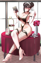  1girl agent_(girls&#039;_frontline) alternate_costume bare_shoulders black_hair black_leotard blue_nails breasts cleavage closed_mouth collarbone fishnet_thighhighs fishnets flower full_body girls&#039;_frontline high_heels highleg highleg_leotard highres holding holding_menu large_breasts leotard looking_at_viewer menu mismatched_thighhighs nail_polish navel paid_reward_available pink_nails popoman red_eyes sangvis_ferri solo spill table thighhighs thighs white_footwear white_thighhighs  rating:Sensitive score:8 user:danbooru