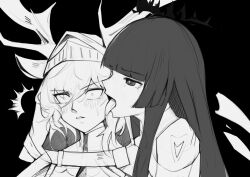  2girls ^^^ antlers arknights black_background blunt_bangs blush bright_pupils commentary constricted_pupils highres horns jojo_no_kimyou_na_bouken krirk licking licking_another&#039;s_face meme monochrome multiple_girls portrait taste_of_a_liar_(meme) tongue tongue_out vento_aureo virtuosa_(arknights) viviana_(arknights) 
