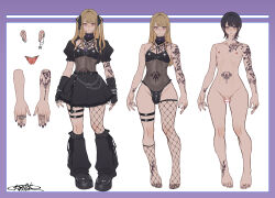  1boy ankle_tattoo arm_tattoo arms_at_sides barefoot belt black_belt black_hair black_ribbon black_skirt blonde_hair boots border bulge censored character_sheet closed_mouth collar collarbone completely_nude crossdressing detached_collar ear_piercing earrings fingerless_gloves fishnet_thighhighs fishnets forked_tongue frilled_collar frilled_skirt frilled_sleeves frills full_body gloves hair_ribbon heart heart_censor jewelry leg_warmers leotard long_hair looking_at_viewer male_focus multiple_rings multiple_tattoos nail_polish navel navel_piercing nipples nude original penis piercing platform_boots platform_footwear puffy_short_sleeves puffy_sleeves purple_border purple_eyes ribbon ribs ring rokuzukeita see-through see-through_leotard shiny_clothes short_hair short_sleeves shoulder_tattoo signature skirt standing stomach_tattoo tattoo thigh_strap thighhighs thighs tongue trap white_background wide_hips wig wrist_tattoo 