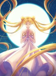  1girl bishoujo_senshi_sailor_moon blonde_hair crescent crescent_facial_mark double_bun dress closed_eyes facial_mark lapistool long_hair moon night night_sky own_hands_clasped own_hands_together princess_serenity signature sky smile solo star_(sky) starry_sky strapless strapless_dress tsukino_usagi twintails very_long_hair white_dress 