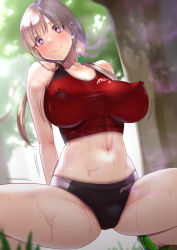 1girl andou_you black_buruma blurry blurry_background breasts buruma closed_mouth clover collarbone commentary_request covered_erect_nipples day depth_of_field grass green_footwear hair_ornament large_breasts light_brown_hair long_hair looking_at_viewer navel original outdoors purplet red_sports_bra shamrock shoes smile sneakers solo sports_bikini sports_bra spread_legs squatting stomach sweat thighs track_and_field track_uniform tree twintails rating:Sensitive score:70 user:danbooru