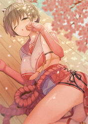  1girl animal_ears black_eyes black_hair blue_archive blush breasts cherry_blossoms collarbone cross-laced_clothes cross-laced_skirt elbow_gloves extra_ears feet_out_of_frame gloves halo highres large_breasts looking_at_viewer lying on_side one_eye_closed open_mouth original-orange-610917 petals pleated_skirt red_gloves red_halo red_sailor_collar red_skirt rope sailor_collar shimenawa short_hair sideboob skirt solo tsubaki_(blue_archive) underboob 