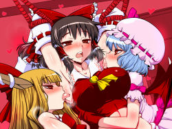 3girls licking_armpit armpits arms_up ascot bare_shoulders bdsm blonde_hair blue_hair blush bondage bound bow breasts brown_hair covered_erect_nipples detached_sleeves female_focus femdom hair_bow hair_tubes hakurei_reimu hat heart horns ibuki_suika impossible_clothes japanese_clothes large_breasts licking long_hair midriff miko multiple_girls open_mouth purple_hair red_eyes remilia_scarlet rope sako_(bosscoffee) saliva short_hair smell sweat tongue tongue_out torogao touhou wings yuri rating:Questionable score:168 user:danbooru