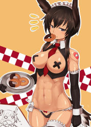  2girls abs animal_ears blue_eyes bow bow_panties breasts brown_hair cross_pasties dominica_s._gentile doughnut elbow_gloves food gloves head_wings jane_t._godfrey lowleg medium_breasts multiple_girls navel necktie null_(nyanpyoun) panties pasties strike_witches tail thighhighs toned tray underwear wings world_witches_series wrist_cuffs  rating:Questionable score:193 user:danbooru