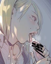  1girl blonde_hair bubuzuke fellatio from_side holding jewelry licking looking_to_the_side necklace open_clothes open_mouth oral original purple_eyes saliva school_uniform shirt short_hair solo_focus tongue tongue_out upper_body 