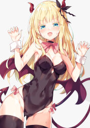  1girl :d bare_arms bare_shoulders black_leotard blonde_hair blue_eyes blush bow bowtie breasts choker claw_pose cleavage commentary_request covered_navel demon_horns demon_tail demon_wings gradient_background hair_ribbon hands_up highres horns juliet_persia kishuku_gakkou_no_juliet leotard long_hair looking_at_viewer medium_breasts open_mouth panties ribbon side-tie_panties smile solo sweat tail thighhighs thighs underwear v-shaped_eyebrows wings wrist_cuffs  rating:Sensitive score:12 user:Gox