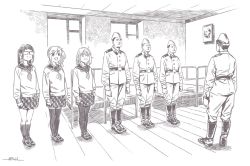  3girls 4boys :d :i bed brown_theme bunk_bed closed_mouth dated fang glasses horikou inuyama_aoi jacket kagamihara_nadeshiko loafers long_hair military military_jacket military_uniform monochrome multiple_boys multiple_girls neckerchief one_side_up oogaki_chiaki opaque_glasses open_mouth pantyhose plaid plaid_skirt pleated_skirt portrait_(object) real_life school_uniform serafuku shoes signature skin_fang skirt smile socks soldier soviet soviet_army standing sweater thighhighs twintails uniform vladimir_lenin yurucamp  rating:Sensitive score:5 user:danbooru