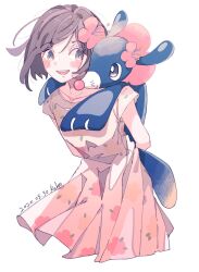  1girl :d alternate_costume arms_behind_back blush bright_pupils commentary_request creatures_(company) dated dress floral_print flower game_freak gen_7_pokemon hair_flower hair_ornament highres looking_to_the_side nintendo open_mouth pink_flower pokemon pokemon_(creature) pokemon_on_back pokemon_sm popplio print_dress r.aka. selene_(pokemon) short_hair short_sleeves signature smile teeth upper_teeth_only white_pupils 