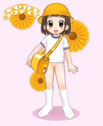 1girl artist_request bag blush bottomless brown_eyes brown_hair character_request flat_chest flower gym_uniform hat kisekae_youchien loli looking_at_viewer no_panties open_mouth pink_background pussy school_bag shirt short_hair short_sleeves smile socks solo standing sunflower white_shirt white_socks yellow_hat  rating:Explicit score:11 user:potatoninja