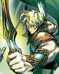 1boy aiming aiming_at_viewer arms_up arrow_(projectile) blonde_pubic_hair bow closed_mouth dariel_(doom_breaker) doom_breaker elf long_hair looking_at_viewer pointy_ears serious solo yellow_eyes