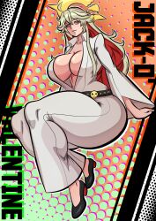  1girl absurdres acraeaaconite breasts cleavage guilty_gear heels highres huge_breasts jack-o&#039;_valentine large_breasts red_eyes red_hair solo text_background track_suit two_tone-hair white_hair  rating:Questionable score:4 user:anonim34