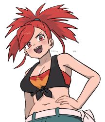  1girl armpits bare_arms bare_shoulders belt breasts creatures_(company) crop_top dated_commentary flannery_(pokemon) game_freak gigobyte350 hand_on_own_hip looking_at_viewer midriff navel nintendo open_mouth pokemon pokemon_oras red_eyes red_hair shirt simple_background solo tied_shirt v-shaped_eyebrows white_background white_belt 