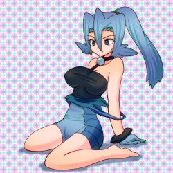  1girl ara_(sora-ageha) barefoot blue_bodysuit blue_eyes blue_gloves blue_hair bodysuit clair_(pokemon) commentary_request covered_erect_nipples creatures_(company) full_body game_freak gloves hair_between_eyes jewelry necklace nintendo pokemon pokemon_hgss ponytail purple_background sitting solo tooth_necklace wariza 