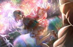  2girls :d aerial_fireworks animal_print aqua_bow aqua_sash blunt_bangs blurry blurry_foreground bob_cut bow braid colored_inner_hair dress dutch_angle fireworks fish_print frilled_dress frilled_kimono frills game_cg grey_hair hair_bow highres inverted_bob japanese_clothes kimono kimono_dress kingyo_hanabi_(love_live!) lake leg_up link!_like!_love_live! long_sleeves looking_at_viewer love_live! multicolored_hair multiple_girls night obi official_art open_mouth orange_kimono otomune_kozue out_of_frame red_eyes red_hair reflection reflective_water sandals sash short_dress short_hair side_braid sideways_mouth sleeves_past_wrists smile solo_focus standing standing_on_one_leg streaked_hair third-party_source virtual_youtuber wide_sleeves yugiri_tsuzuri 