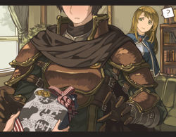  1boy 1girl 1other ? arm_belt armor bad_id bad_pixiv_id belt black_cloak blonde_hair blue_capelet blue_dress blush book bookshelf bow box breastplate breasts brooch brown_belt brown_gloves brown_hair buckle capelet cloak closed_mouth couch curtains defender_(elona) dress elona gauntlets gift gift_box gloves gold_trim golden_knight_(elona) green_eyes harusame_(rueken) head_out_of_frame head_tilt high_collar holding holding_gift indoors jewelry letterboxed long_hair long_sleeves looking_at_another medium_breasts mirror no_sclera out_of_frame parted_lips pauldrons plant potted_plant short_hair shoulder_armor smile spoken_question_mark standing striped striped_bow sweatdrop translation_request tree upper_body window 