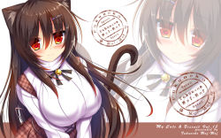  1girl animal_ears blush breasts brown_hair cat_ears cat_tail highres large_breasts long_hair mia_flatpaddy original plaid plaid_skirt red_eyes skirt slit_pupils smile solo sweater syroh tail turtleneck turtleneck_sweater upper_body v_arms very_long_hair white_sweater zoom_layer 
