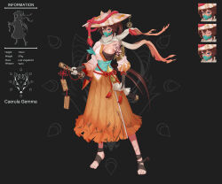  1girl absurdres bandaged_foot bandaged_hand bandages black_background blue_eyes breasts brown_hair character_sheet charm_(object) closed_eyes english_text facepaint feet floral_print fox gameplay_mechanics gemma_caerula gourd height_difference highres jong-ej katana large_breasts looking_at_viewer makeup mascara mask mole mole_on_breast mouth_mask multiple_moles multiple_views orange_scarf orange_skirt original ponytail red_rope rope samurai samurai_(final_fantasy) scabbard scar scar_on_leg scarf sheath silhouette skirt stats sword tachi-e tattoo toenails toes torn_clothes torn_skirt weapon weight white_scarf 