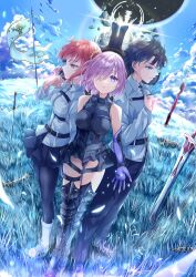  1boy 2boys armored_boots armored_leotard bare_shoulders black_hair black_pants black_pantyhose black_skirt blue_eyes blue_gloves boots breasts chaldea_uniform clenched_hand eclipse elbow_gloves fate/grand_order fate_(series) field fisheye flag fujimaru_ritsuka_(female) fujimaru_ritsuka_(male) full_body gloves hair_ornament hair_over_one_eye hair_scrunchie hand_on_own_chest highres jacket kikugawa_roku lens_flare looking_at_viewer mash_kyrielight medium_breasts multiple_boys orange_hair pants pantyhose parted_lips pink_eyes pink_hair profile reaching reaching_towards_viewer red_hair scrunchie short_hair skindentation skirt sky standing sword thigh_boots thigh_strap thighhighs weapon white_jacket yellow_scrunchie zettai_ryouiki 