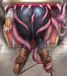  1girl absurdres ass ass_focus boots frieren from_behind highres in_container jerbeartraveler long_hair long_sleeves lower_body mimic mimic_chest monster pantyhose sharp_teeth solo sousou_no_frieren stuck teeth tentacles thighs treasure_chest twintails vore white_hair  rating:Sensitive score:229 user:danbooru