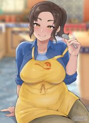 1girl absurdres apron artist_name artsheops blue_shirt blurry blurry_background blush breasts brown_eyes brown_hair clothes_lift collared_shirt creatures_(company) depth_of_field earrings game_freak highres holding holding_spoon jewelry large_breasts looking_at_viewer mother_(pokemon) nintendo paldea_mother pokemon pokemon_sv shirt shirt_lift short_ponytail simple_background sleeves_rolled_up smile solo sphere_earrings spoon yellow_apron