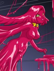  1990s_(style) bishoujo_senshi_sailor_moon blank_eyes bow bowtie breasts collar colored_skin green_eyes jamanen jellax monster_girl nipples nude purple_bonus pussy red_skin red_theme retro_artstyle slime_girl smile uncensored  rating:Explicit score:36 user:Cryssia