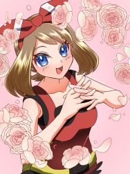  1girl :d blue_eyes bow brown_hair collarbone creatures_(company) eyelashes flower game_freak hair_bow highres interlocked_fingers looking_at_viewer may_(pokemon) nintendo open_mouth own_hands_together petals pink_background pokemon pokemon_oras red_bow red_shirt shirt sleeveless sleeveless_shirt smile solo tyobi_2002 upper_body 