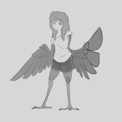  1girl bird_legs crowanon crowgirl feathered_wings feathers greyscale harpy long_hair messy_hair monochrome monster_girl original solo source_request talons winged_arms wings 