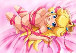  1girl blonde_hair blue_eyes breasts cleavage crown female_focus full_body large_breasts mario_(series) naked_ribbon nintendo princess_peach ribbon sigurd_hosenfeld solo super_mario_bros._1  rating:Questionable score:81 user:wild189