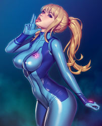  1girl absurdres blonde_hair blue_eyes breasts female_focus finger_gun from_side gloves highres large_breasts long_hair long_sleeves looking_at_viewer metroid mole nintendo ponytail samus_aran shiny_clothes skin_tight solo standing tagme thighs tongue tongue_out  rating:Questionable score:34 user:Aven