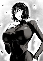 1girl absurdres breasts covered_erect_nipples dress fubuki_(one-punch_man) greyscale hand_on_own_chest highres iwao178 large_breasts looking_at_viewer medium_hair monochrome one-punch_man parted_lips solo tight_clothes tight_dress turtleneck turtleneck_dress  rating:Sensitive score:125 user:danbooru