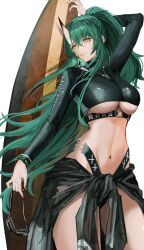  1girl absurdres arknights breasts green_hair hair_between_eyes highres horns hoshiguma_(arknights) hrk_(dxez4457) large_breasts long_hair looking_at_viewer multiple_girls navel single_horn skin-covered_horns solo stomach surfboard swimsuit yellow_eyes 