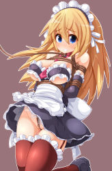  1girl arms_behind_back bare_shoulders bdsm between_breasts blonde_hair blue_eyes bondage bound box_tie breasts clenched_teeth collar covered_erect_nipples crotch_rope dress frilled_dress frilled_thighhighs frills garter_straps highres large_breasts leash long_hair looking_at_viewer maid maid_headdress necktie nipples no_panties ooyama_kina original rope sex_toy shibari slave solo tears teeth thighhighs vibrator  rating:Questionable score:105 user:danbooru