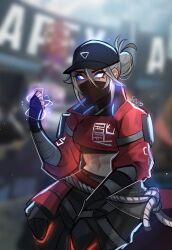  1girl apex_legends black_gloves black_pants black_shirt blue_sclera blurry blurry_background colored_sclera commentary cropped_jacket cropped_shirt english_commentary fingerless_gloves gloves grey_hair hair_behind_ear hair_bun highres jacket looking_to_the_side midriff navel no_pupils pants red_jacket sevpha shirt single_hair_bun street_smart_wraith white_eyes wraith_(apex_legends) 