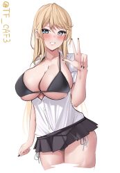  1girl alternate_costume black_bra black_skirt blonde_hair blue_eyes bra breasts cleavage collarbone cowboy_shot hair_between_eyes highres iowa_(kancolle) kantai_collection large_breasts long_hair looking_at_viewer nail_polish one-hour_drawing_challenge open_clothes open_shirt short_sleeves skirt smile solo star-shaped_pupils star_(symbol) symbol-shaped_pupils tf_cafe twitter_username underwear w white_background 