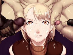  1girl 3boys ashley_graham blonde_hair bukkake capcom censored clothed_female_nude_male cum facial group_sex hands_on_another&#039;s_head looking_at_viewer mosaic_censoring multiple_boys nude penis resident_evil resident_evil_4 sawao short_hair sweat  rating:Explicit score:80 user:akirarara