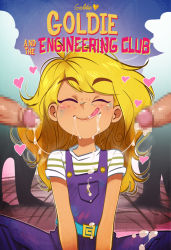 1girl 2boys after_fellatio age_difference blonde_hair blush censored cum cum_in_mouth cum_on_clothes cum_string cumdrip english_text closed_eyes fellatio flat_chest freckles goldie_(goldieblox) goldieblox group_sex hetero jcm2 licking licking_lips loli multiple_boys multiple_penises oral overalls penis smile striped tongue tongue_out rating:Explicit score:379 user:Gumborel