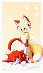  2girls :3 :o aas_(aasjpvm) absurdres ahoge all_fours anal anal_object_insertion animal_ear_fluff animal_ears animal_hands animal_nose aroused ass bed_sheet bell blonde_hair blue_eyes blush body_fur borrowed_character brown_fur cat_ears cat_girl cat_tail choker commentary commission dildo doggystyle ear_piercing english_commentary facial_mark fewer_digits flat_chest fox_ears fox_girl fox_tail furry furry_female furry_with_furry hair_between_eyes hair_ornament hair_ribbon half-closed_eyes hand_on_another&#039;s_ass heart heavy_breathing highres holding_another&#039;s_tail jingle_bell kneeling loli long_hair lube miu_(aas) multicolored_fur multiple_girls navel neck_bell nipples nude object_insertion on_bed one_eye_closed open_mouth original outside_border panties panty_pull parted_lips paw_print paw_print_background piercing red_choker red_hair ribbon sex_from_behind sex_toy sheet_grab signature simple_background strap-on tail tail_raised thick_eyebrows top-down_bottom-up torogao twitching underwear whisker_markings white_fur yellow_background yellow_fur yuri 