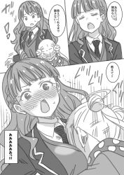 ! !! 2girls @_@ arashi_chisato bangs between_breasts blunt_bangs blush braid breasts clinging closed_eyes coat comic commentary double_bun embarrassed emphasis_lines face_between_breasts greyscale hair_bun hands_on_another&#039;s_arms head_between_breasts hug long_hair looking_away looking_down love_live! love_live!_superstar!! marugoshi_teppei medium_breasts monochrome motion_lines multiple_girls necktie open_mouth outside_border scarf school_uniform side_braid sound_effects speech_bubble sweat translated wavy_hair white_background wien_margarete winter_clothes winter_coat yuri