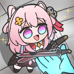 1girl bell chibi dual_wielding eyebrows_hidden_by_hair full_body go_do_a_crime_(meme) gradient_eyes hair_between_eyes hair_ornament holding holding_sword holding_weapon honkai:_star_rail honkai_(series) jacket jingle_bell march_7th_(honkai:_star_rail) meme multicolored_eyes nepnepping open_mouth out_of_frame pink_hair red_jacket shirt smile solo sword weapon white_shirt 