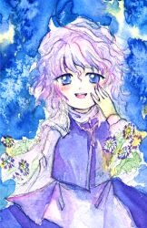  1girl :d blue_eyes blue_skirt blue_vest commentary_request hand_on_own_face hand_up hat lapel_pin letty_whiterock long_sleeves medinki official_style open_mouth painting_(medium) short_hair skirt skirt_set smile solo teeth touhou traditional_media upper_teeth_only vest watercolor_(medium) white_hair white_hat zun_(style) 