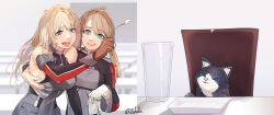  2girls absurdres anchor_hair_ornament bare_shoulders bismarck_(kancolle) blonde_hair blue_eyes breasts cat cat_teaser cup detached_sleeves drinking_glass fuwafuwatoufu gloves green_eyes hair_between_eyes hair_ornament highres kantai_collection large_breasts long_hair low_twintails meme military military_uniform multiple_girls parody plate prinz_eugen_(kancolle) single_glove twintails uniform unsinkable_sam unworn_gloves white_gloves woman_yelling_at_cat_(meme) 