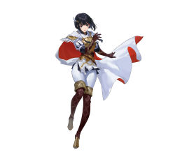 1girl absurdres alternate_costume armor artist_request belt black_eyes black_hair boots cape closed_mouth elbow_gloves feather_trim fire_emblem fire_emblem:_thracia_776 fire_emblem_heroes full_body gloves hair_ornament highres lips looking_at_viewer nintendo official_art olwen_(fire_emblem) pants pelvic_curtain puffy_sleeves red_lips short_hair shoulder_armor simple_background skin_tight solo striped thigh_boots thighhighs vertical_stripes white_background white_pants  rating:Sensitive score:8 user:danbooru