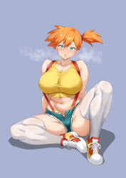  1girl :o alternate_breast_size aqua_eyes asymmetrical_hair bare_shoulders blue_eyes blush breasts covered_erect_nipples creatures_(company) crop_top curvy cutoffs denim denim_shorts female_focus full_body game_freak gym_leader highres huge_breasts large_breasts looking_at_viewer midriff misty_(pokemon) navel nintendo nipples open_mouth orange_hair pokemon pokemon_(anime) pokemon_rgby ponytail ranhatu shiny_skin shirt shoes short_hair short_shorts shorts side_ponytail simple_background sitting sneakers solo spread_legs suspenders tank_top thick_thighs thighhighs thighs white_thighhighs wide_hips yellow_shirt yellow_tank_top 