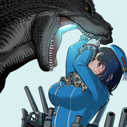 1girl ascot beret black_gloves black_hair black_scales blush breasts crossover dress flat_cap giant giant_monster giantess gloves godzilla godzilla_(series) godzilla_minus_one hat highres kaijuu kantai_collection large_breasts long_sleeves military nishikino_kee open_mouth red_eyes scene_reference short_hair simple_background skirt spines takao_(kancolle) toho uniform