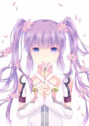 1girl flower hair_flower hair_ornament holding kai_aki long_hair looking_at_viewer official_alternate_costume own_hands_together petals purple_eyes purple_hair sidelocks smile solo sophie_(tales) tales_of_(series) tales_of_graces twintails upper_body white_background rating:Sensitive score:2 user:danbooru